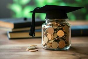 un vaso botella con apilar de monedas dinero y un graduación sombrero en cima. ahorro dinero y educativo éxito concepto por ai generado foto