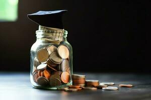 un vaso botella con apilar de monedas dinero y un graduación sombrero en cima. ahorro dinero y educativo éxito concepto por ai generado foto