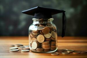 A glass bottle with stack of coins money and a graduation hat on top. Saving money and educational success concept by AI Generated photo