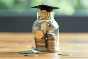 A glass bottle with stack of coins money and a graduation hat on top. Saving money and educational success concept by AI Generated photo