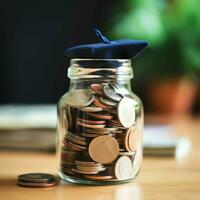 A glass bottle with stack of coins money and a graduation hat on top. Saving money and educational success concept by AI Generated photo