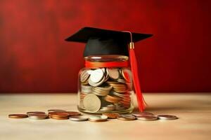 A glass bottle with stack of coins money and a graduation hat on top. Saving money and educational success concept by AI Generated photo