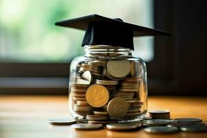 un vaso botella con apilar de monedas dinero y un graduación sombrero en cima. ahorro dinero y educativo éxito concepto por ai generado foto