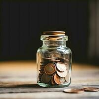 un vaso botella con apilar de monedas dinero y un graduación sombrero en cima. ahorro dinero y educativo éxito concepto por ai generado foto