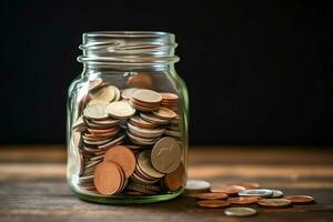 A glass bottle with stack of coins money and a graduation hat on top. Saving money and educational success concept by AI Generated photo