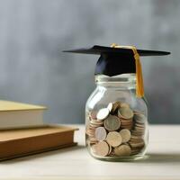 A glass bottle with stack of coins money and a graduation hat on top. Saving money and educational success concept by AI Generated photo