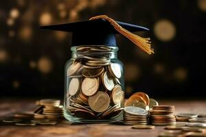 un vaso botella con apilar de monedas dinero y un graduación sombrero en cima. ahorro dinero y educativo éxito concepto por ai generado foto