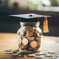 A glass bottle with stack of coins money and a graduation hat on top. Saving money and educational success concept by AI Generated photo