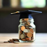 un vaso botella con apilar de monedas dinero y un graduación sombrero en cima. ahorro dinero y educativo éxito concepto por ai generado foto