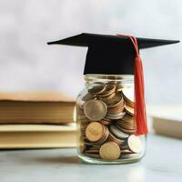 un vaso botella con apilar de monedas dinero y un graduación sombrero en cima. ahorro dinero y educativo éxito concepto por ai generado foto