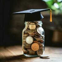 un vaso botella con apilar de monedas dinero y un graduación sombrero en cima. ahorro dinero y educativo éxito concepto por ai generado foto