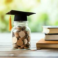 un vaso botella con apilar de monedas dinero y un graduación sombrero en cima. ahorro dinero y educativo éxito concepto por ai generado foto