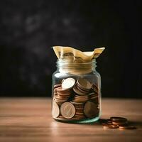 A glass bottle with stack of coins money and a graduation hat on top. Saving money and educational success concept by AI Generated photo