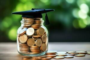 A glass bottle with stack of coins money and a graduation hat on top. Saving money and educational success concept by AI Generated photo
