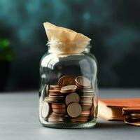 A glass bottle with stack of coins money and a graduation hat on top. Saving money and educational success concept by AI Generated photo