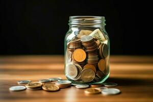 A glass bottle with stack of coins money and a graduation hat on top. Saving money and educational success concept by AI Generated photo