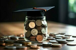 A glass bottle with stack of coins money and a graduation hat on top. Saving money and educational success concept by AI Generated photo