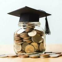 A glass bottle with stack of coins money and a graduation hat on top. Saving money and educational success concept by AI Generated photo