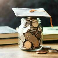 A glass bottle with stack of coins money and a graduation hat on top. Saving money and educational success concept by AI Generated photo