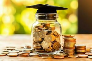 A glass bottle with stack of coins money and a graduation hat on top. Saving money and educational success concept by AI Generated photo