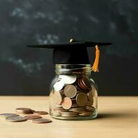 A glass bottle with stack of coins money and a graduation hat on top. Saving money and educational success concept by AI Generated photo