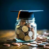 un vaso botella con apilar de monedas dinero y un graduación sombrero en cima. ahorro dinero y educativo éxito concepto por ai generado foto