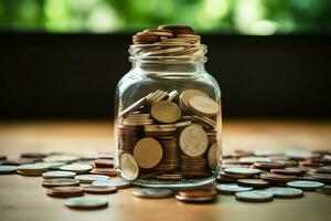 un vaso botella con apilar de monedas dinero y un graduación sombrero en cima. ahorro dinero y educativo éxito concepto por ai generado foto