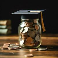 A glass bottle with stack of coins money and a graduation hat on top. Saving money and educational success concept by AI Generated photo