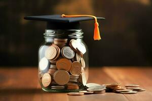 A glass bottle with stack of coins money and a graduation hat on top. Saving money and educational success concept by AI Generated photo