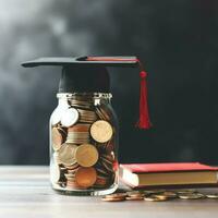 A glass bottle with stack of coins money and a graduation hat on top. Saving money and educational success concept by AI Generated photo