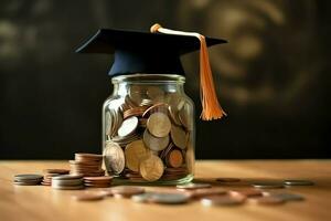 un vaso botella con apilar de monedas dinero y un graduación sombrero en cima. ahorro dinero y educativo éxito concepto por ai generado foto