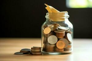 A glass bottle with stack of coins money and a graduation hat on top. Saving money and educational success concept by AI Generated photo