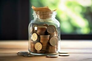 A glass bottle with stack of coins money and a graduation hat on top. Saving money and educational success concept by AI Generated photo