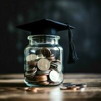 A glass bottle with stack of coins money and a graduation hat on top. Saving money and educational success concept by AI Generated photo