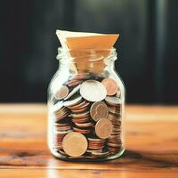 un vaso botella con apilar de monedas dinero y un graduación sombrero en cima. ahorro dinero y educativo éxito concepto por ai generado foto