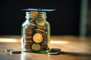 A glass bottle with stack of coins money and a graduation hat on top. Saving money and educational success concept by AI Generated photo