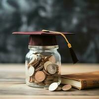 A glass bottle with stack of coins money and a graduation hat on top. Saving money and educational success concept by AI Generated photo