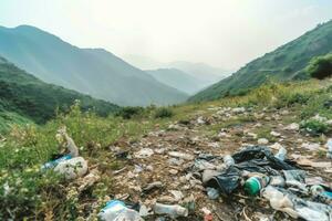 Environmental problem plastic garbage or trash in the mountain from global warming. Pollution concept by AI Generated photo