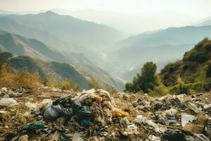 Environmental problem plastic garbage or trash in the mountain from global warming. Pollution concept by AI Generated photo