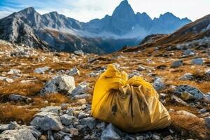 Environmental problem plastic garbage or trash in the mountain from global warming. Pollution concept by AI Generated photo
