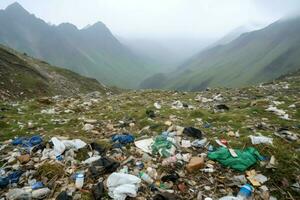 Environmental problem plastic garbage or trash in the mountain from global warming. Pollution concept by AI Generated photo