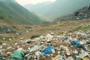 Environmental problem plastic garbage or trash in the mountain from global warming. Pollution concept by AI Generated photo