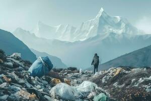 Environmental problem plastic garbage or trash in the mountain from global warming. Pollution concept by AI Generated photo