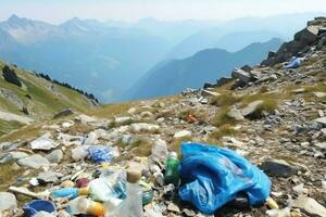 Environmental problem plastic garbage or trash in the mountain from global warming. Pollution concept by AI Generated photo