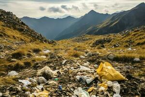 Environmental problem plastic garbage or trash in the mountain from global warming. Pollution concept by AI Generated photo