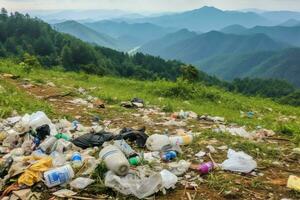 Environmental problem plastic garbage or trash in the mountain from global warming. Pollution concept by AI Generated photo