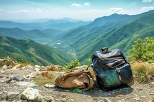 Environmental problem plastic garbage or trash in the mountain from global warming. Pollution concept by AI Generated photo