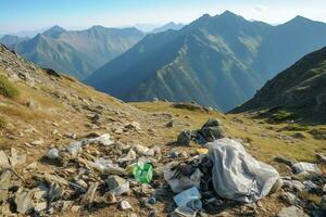 Environmental problem plastic garbage or trash in the mountain from global warming. Pollution concept by AI Generated photo