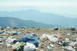 Environmental problem plastic garbage or trash in the mountain from global warming. Pollution concept by AI Generated photo