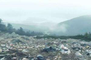 Environmental problem plastic garbage or trash in the mountain from global warming. Pollution concept by AI Generated photo